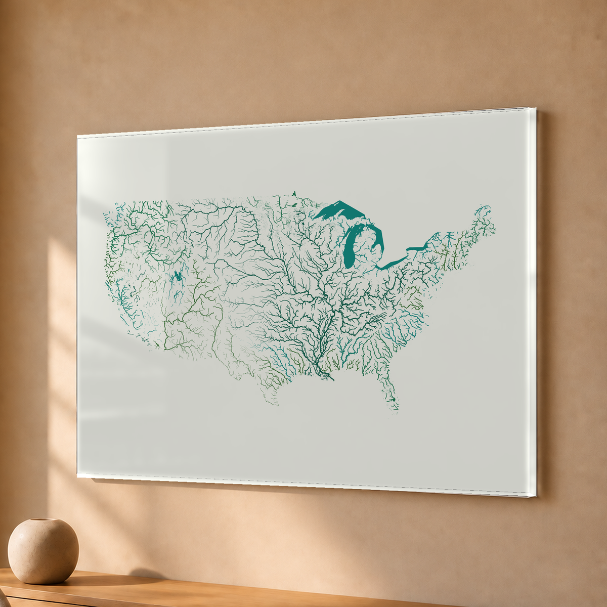 Beautiful Rivers — Estados Unidos — Verde jade e porcelana, Acrílico · 30 × 40 cm, Sem margem