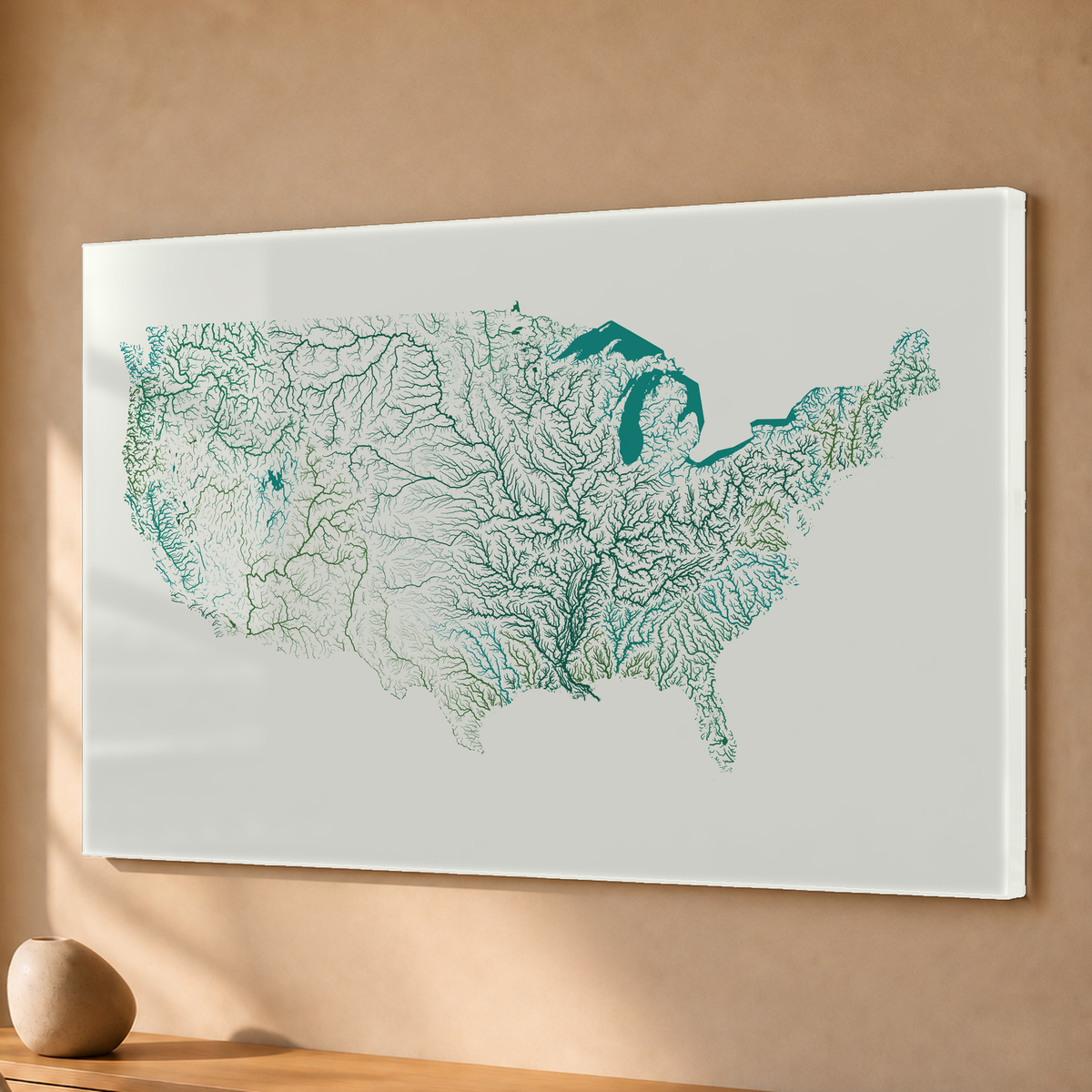 Beautiful Rivers — Estados Unidos — Verde jade e porcelana, Acrílico · 40 × 60 cm, Sem margem