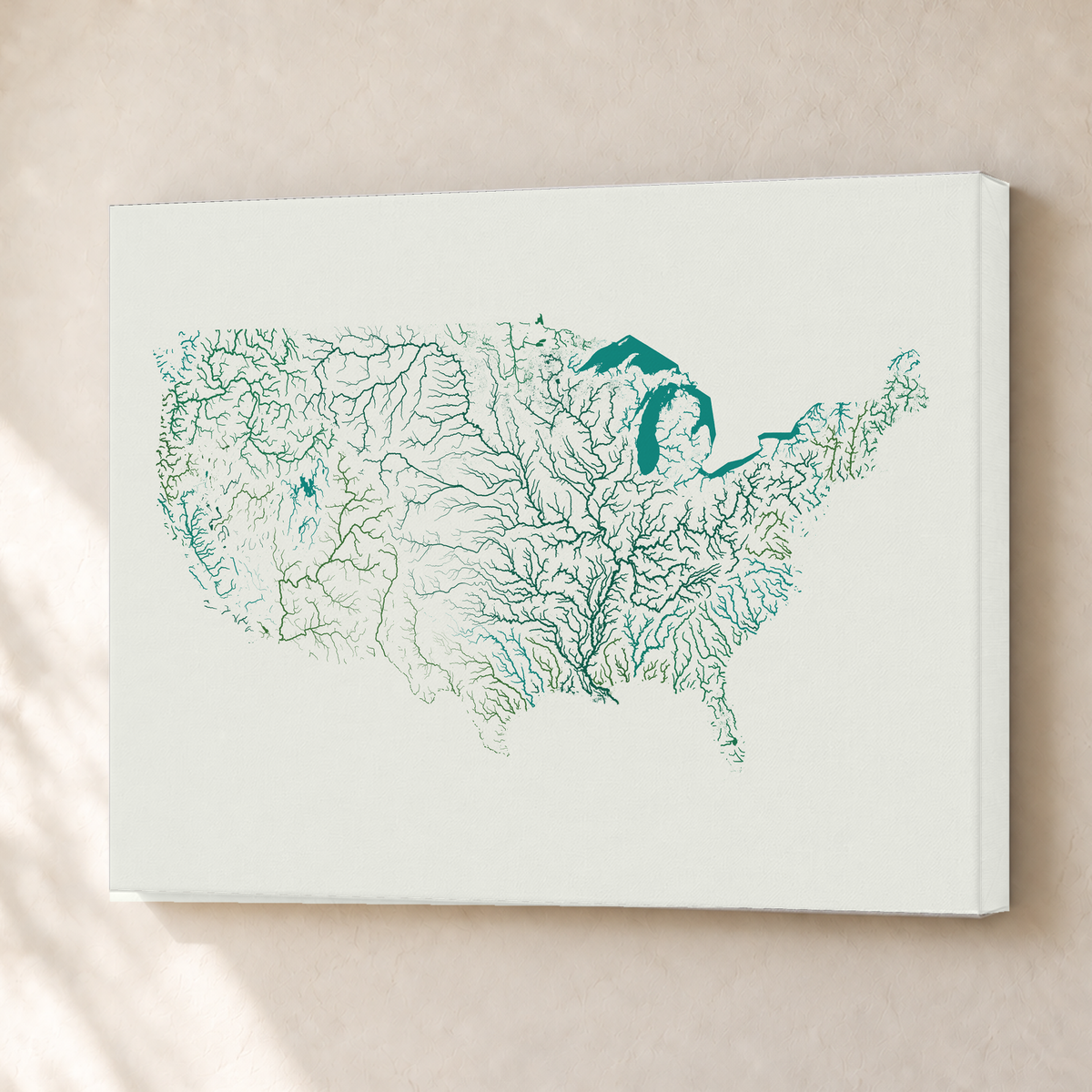 Beautiful Rivers — Estados Unidos — Verde jade e porcelana, Canvas · 30 × 40 cm, Sem margem