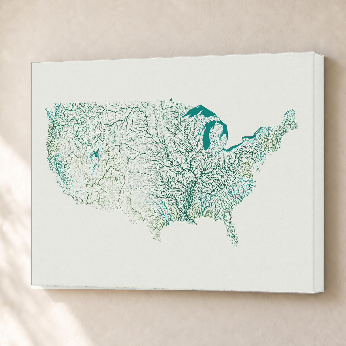 Beautiful Rivers — Estados Unidos — Verde jade e porcelana, Canvas · 45 × 60 cm, Sem margem