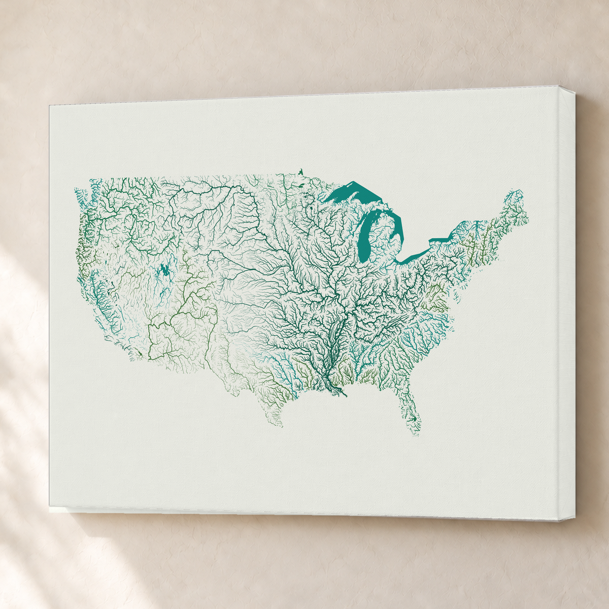 Beautiful Rivers — Estados Unidos — Verde jade e porcelana, Canvas · 60 × 80 cm, Sem margem