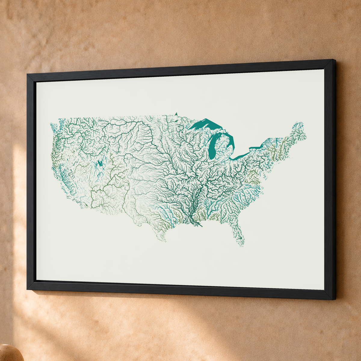 Beautiful Rivers — Estados Unidos — Verde jade e porcelana, Fine art emoldurado · 45 × 60 cm, Preto · Sem margem
