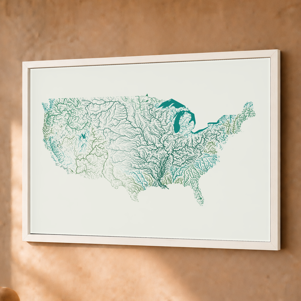 Beautiful Rivers — Estados Unidos — Verde jade e porcelana, Fine art emoldurado · 45 × 60 cm, Branco · Sem margem