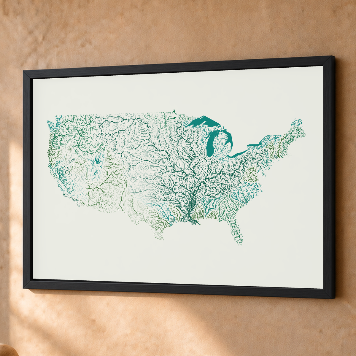 Beautiful Rivers — Estados Unidos — Verde jade e porcelana, Fine art emoldurado · 60 × 80 cm, Preto · Sem margem