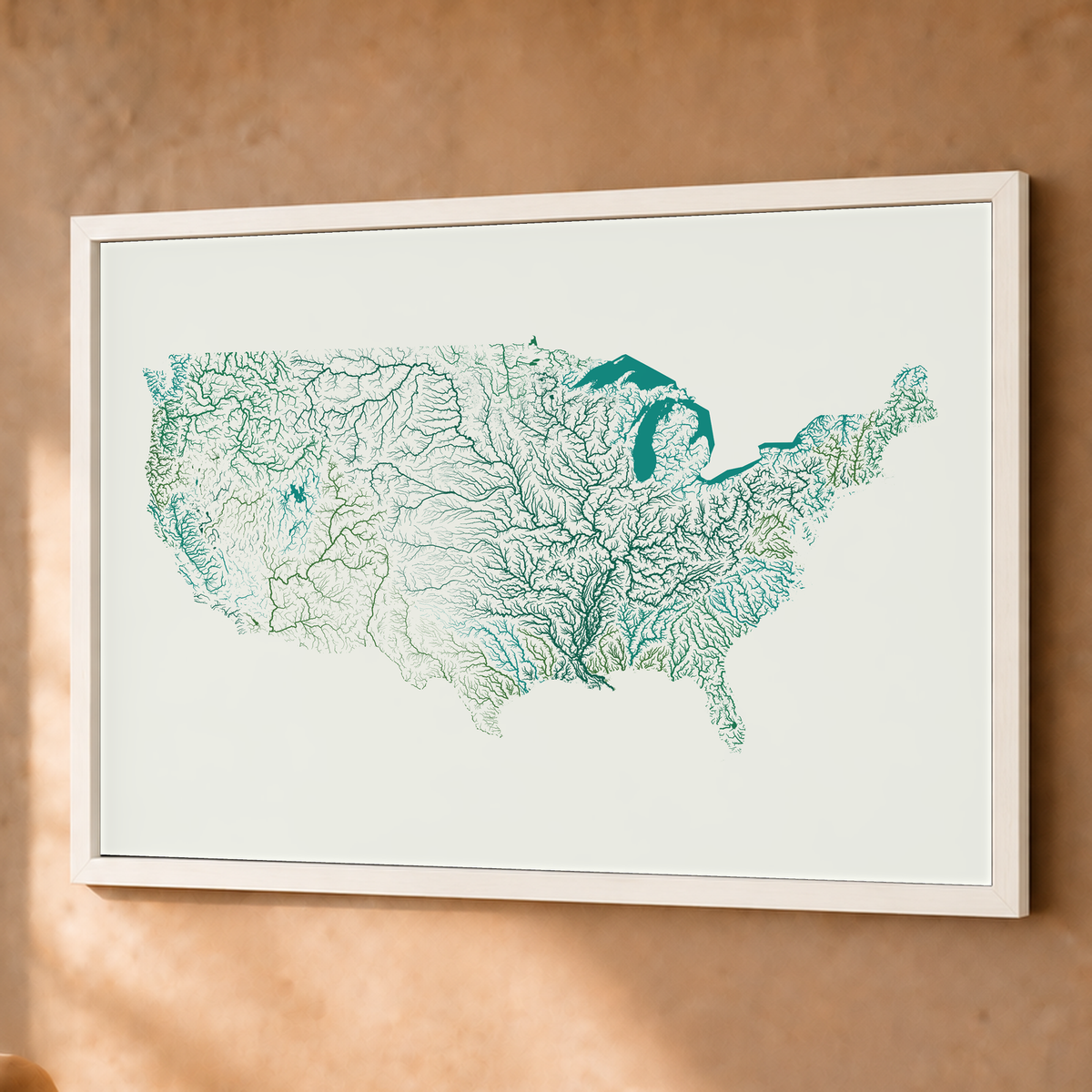 Beautiful Rivers — Estados Unidos — Verde jade e porcelana, Fine art emoldurado · 60 × 80 cm, Branco · Sem margem
