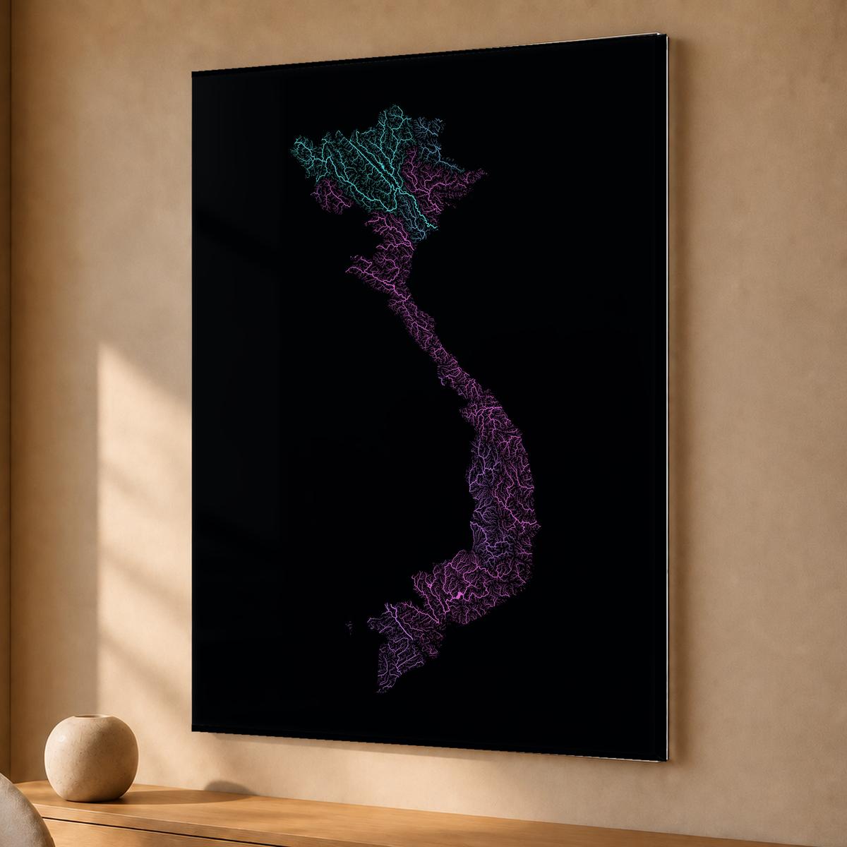Quadro dos rios do Vietname — Neon hidrográfico, Sem margem — Acrílico — 3x4