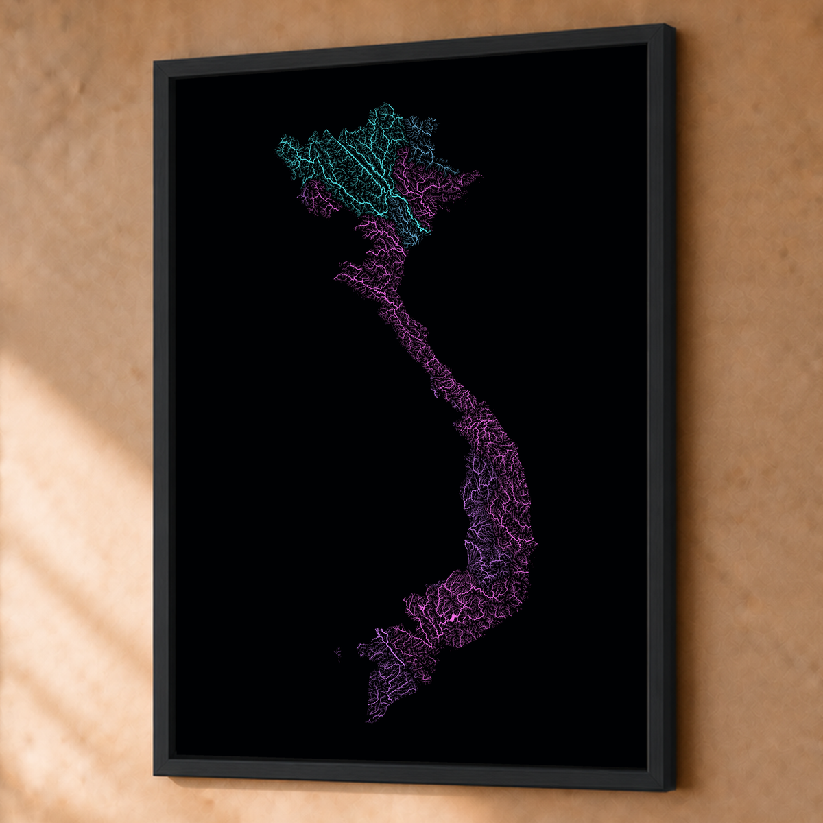 Quadro dos rios do Vietname — Neon hidrográfico, Preto · Sem margem — Fine art emoldurado — 3x4