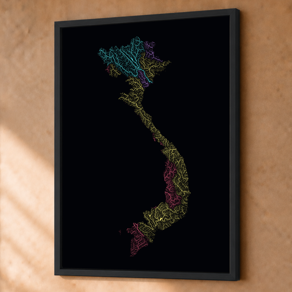 Quadro dos rios do Vietname — Neon por território, Preto · Sem margem — Fine art emoldurado — 3x4