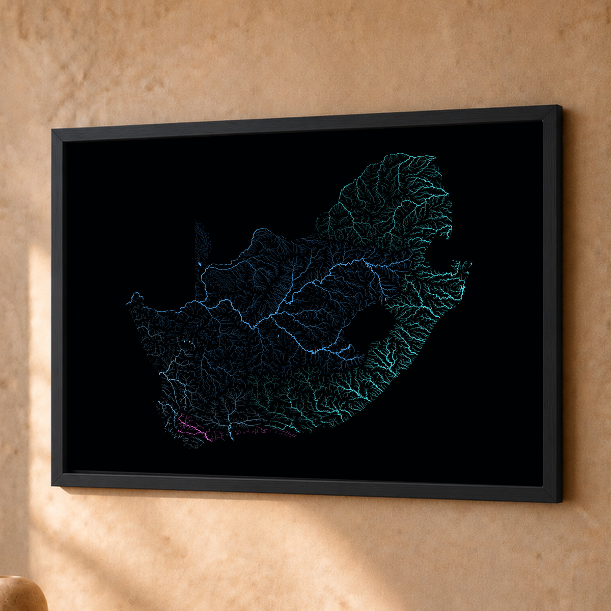 Beautiful Rivers — África do Sul — Neon hidrográfico, Fine art emoldurado · 30 × 40 cm, Preto · Sem margem
