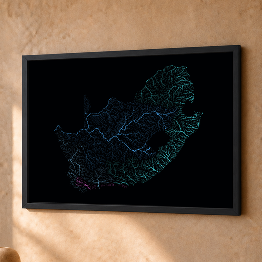 Beautiful Rivers — África do Sul — Neon hidrográfico, Fine art emoldurado · 30 × 40 cm, Preto · Sem margem