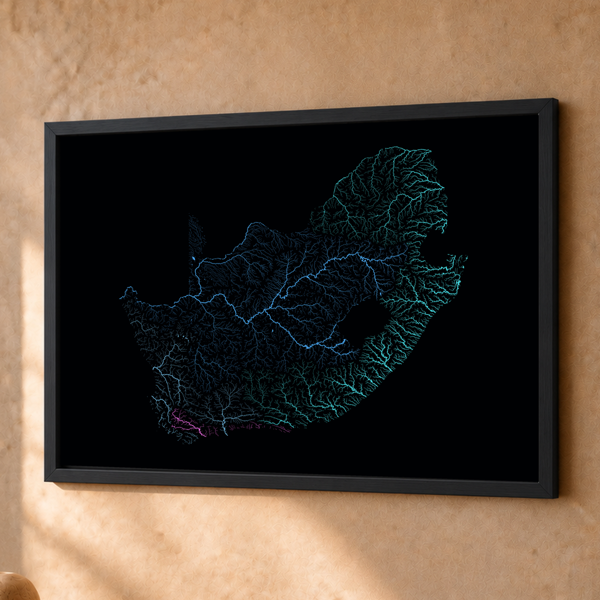 Beautiful Rivers — África do Sul — Neon hidrográfico, Fine art emoldurado · 45 × 60 cm, Preto · Sem margem