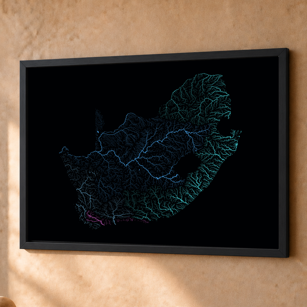 Beautiful Rivers — África do Sul — Neon hidrográfico, Fine art emoldurado · 60 × 80 cm, Preto · Sem margem