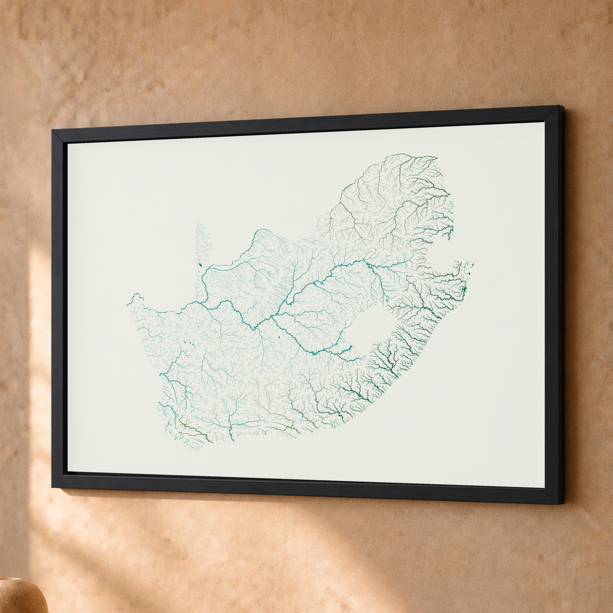 Beautiful Rivers — África do Sul — Verde jade e porcelana, Fine art emoldurado · 30 × 40 cm, Preto · Sem margem