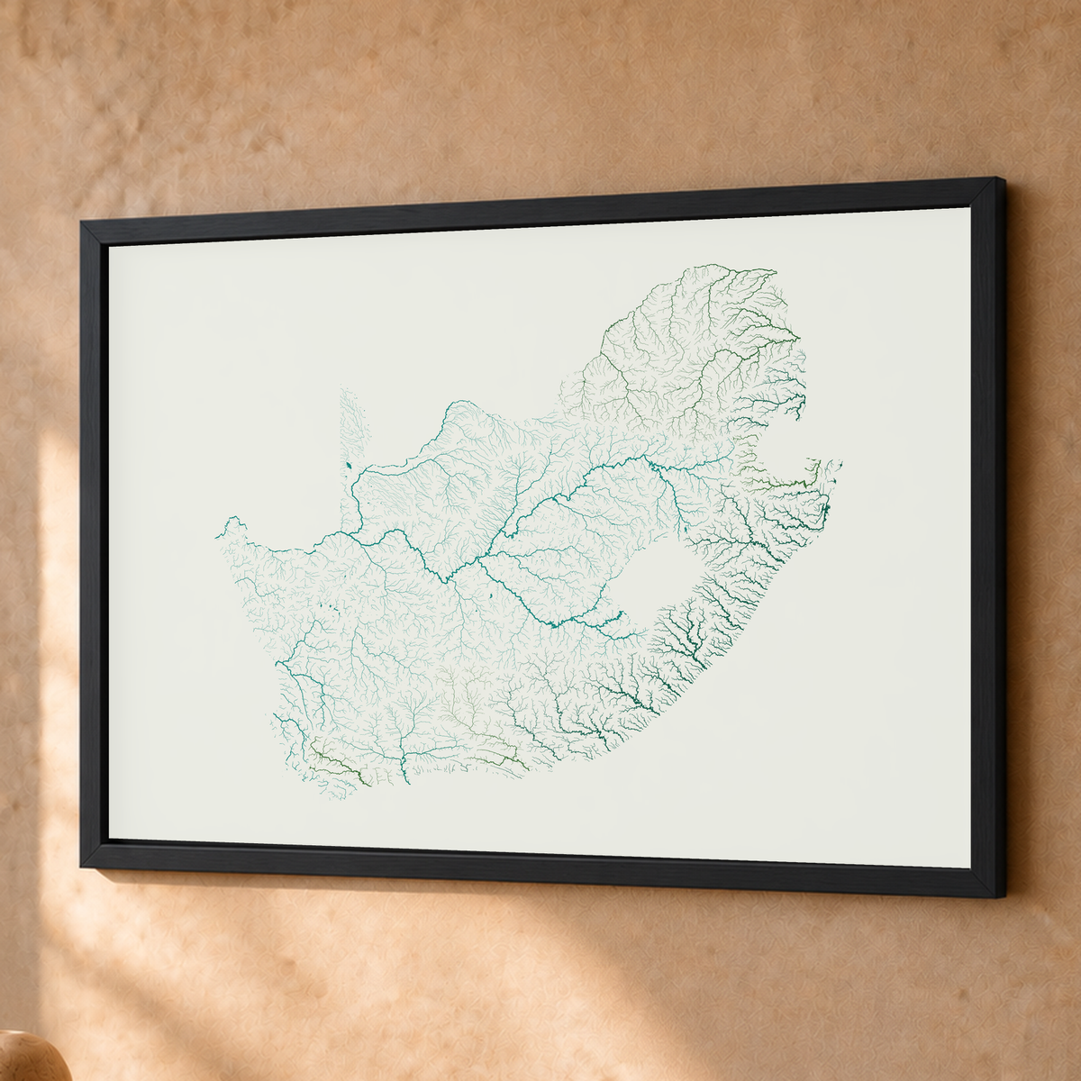 Beautiful Rivers — África do Sul — Verde jade e porcelana, Fine art emoldurado · 45 × 60 cm, Preto · Sem margem