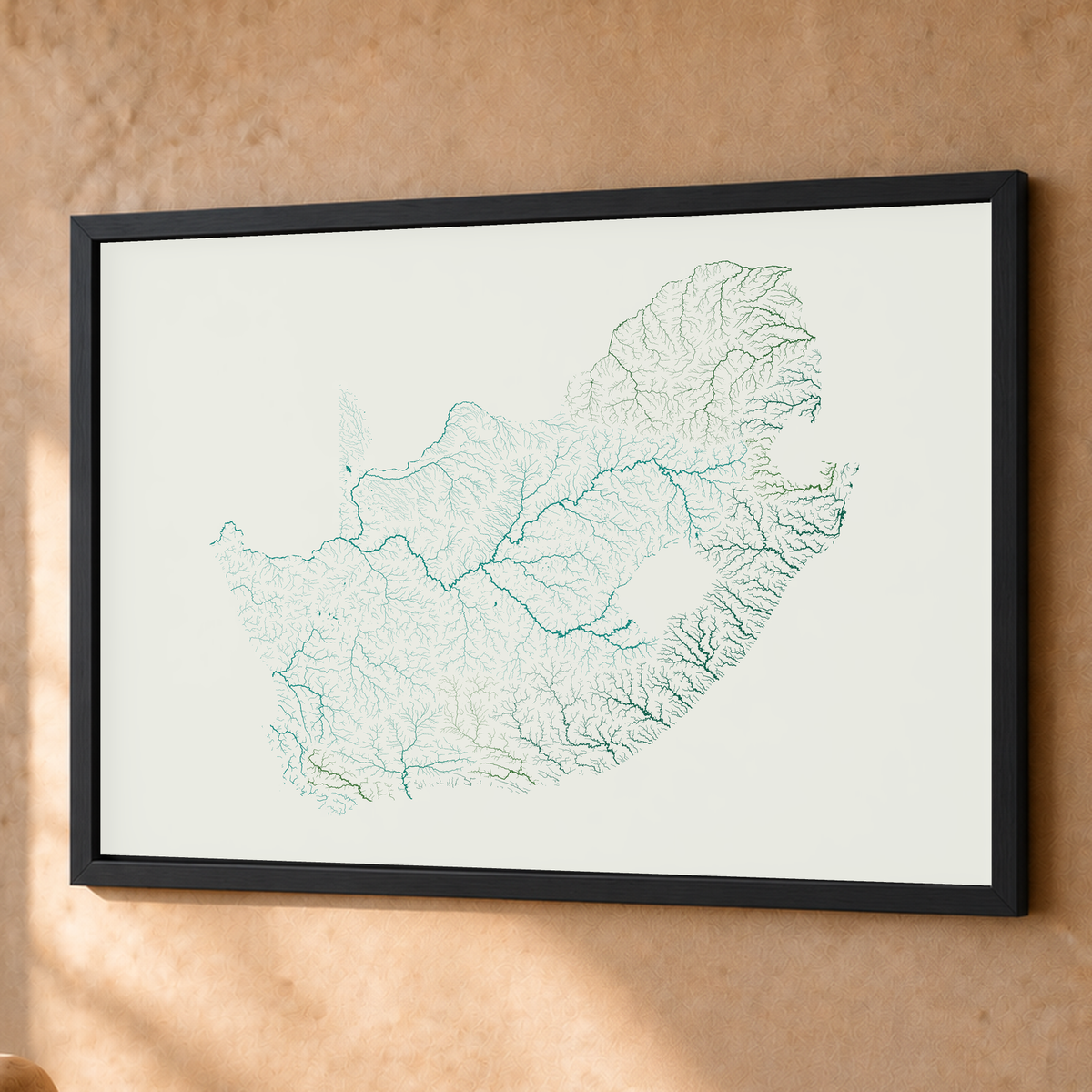 Beautiful Rivers — África do Sul — Verde jade e porcelana, Fine art emoldurado · 60 × 80 cm, Preto · Sem margem